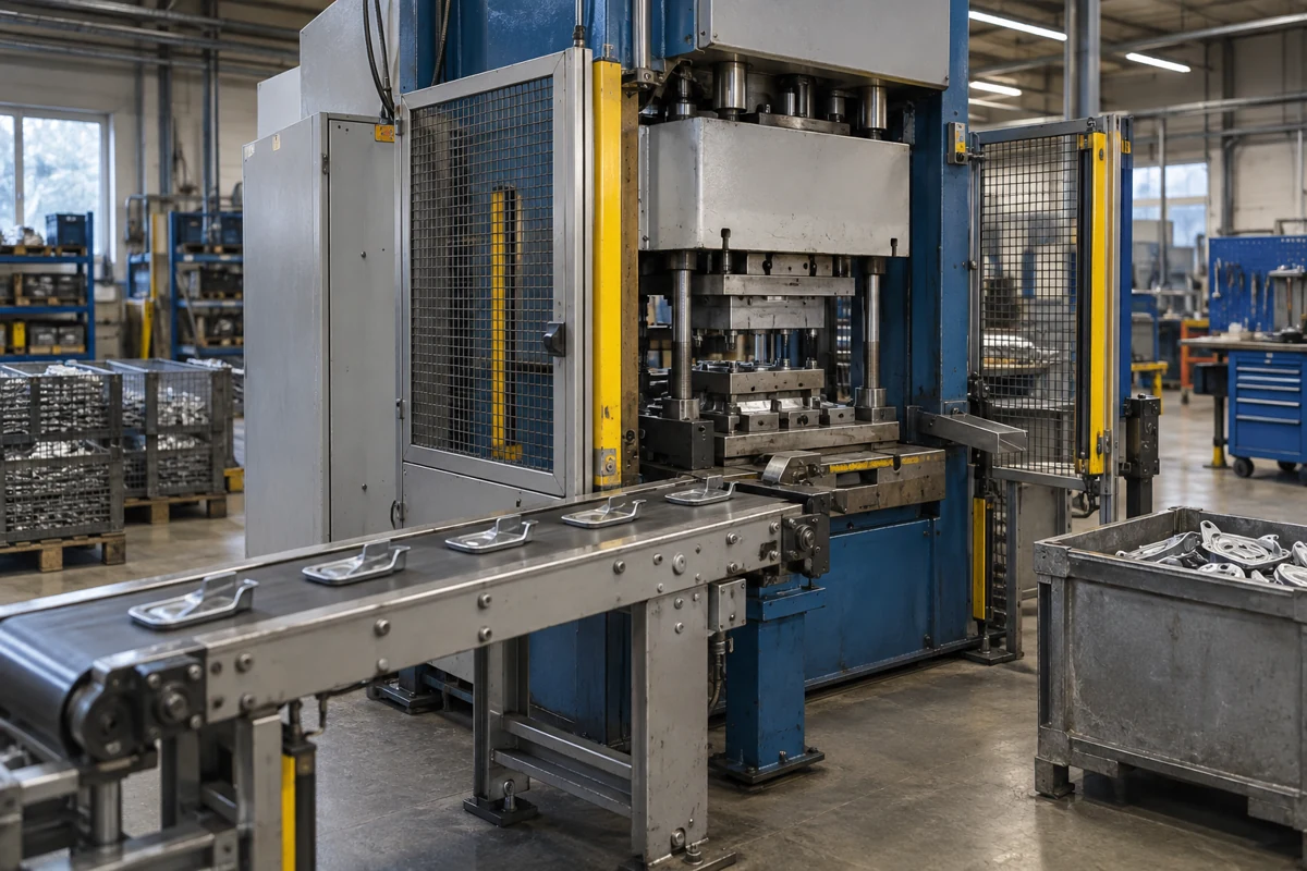 Illustrative automated production cell with a press and conveyor, AI-generated